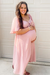 Mauve Front Tie Ruffle Sleeve Maternity Midi Dress