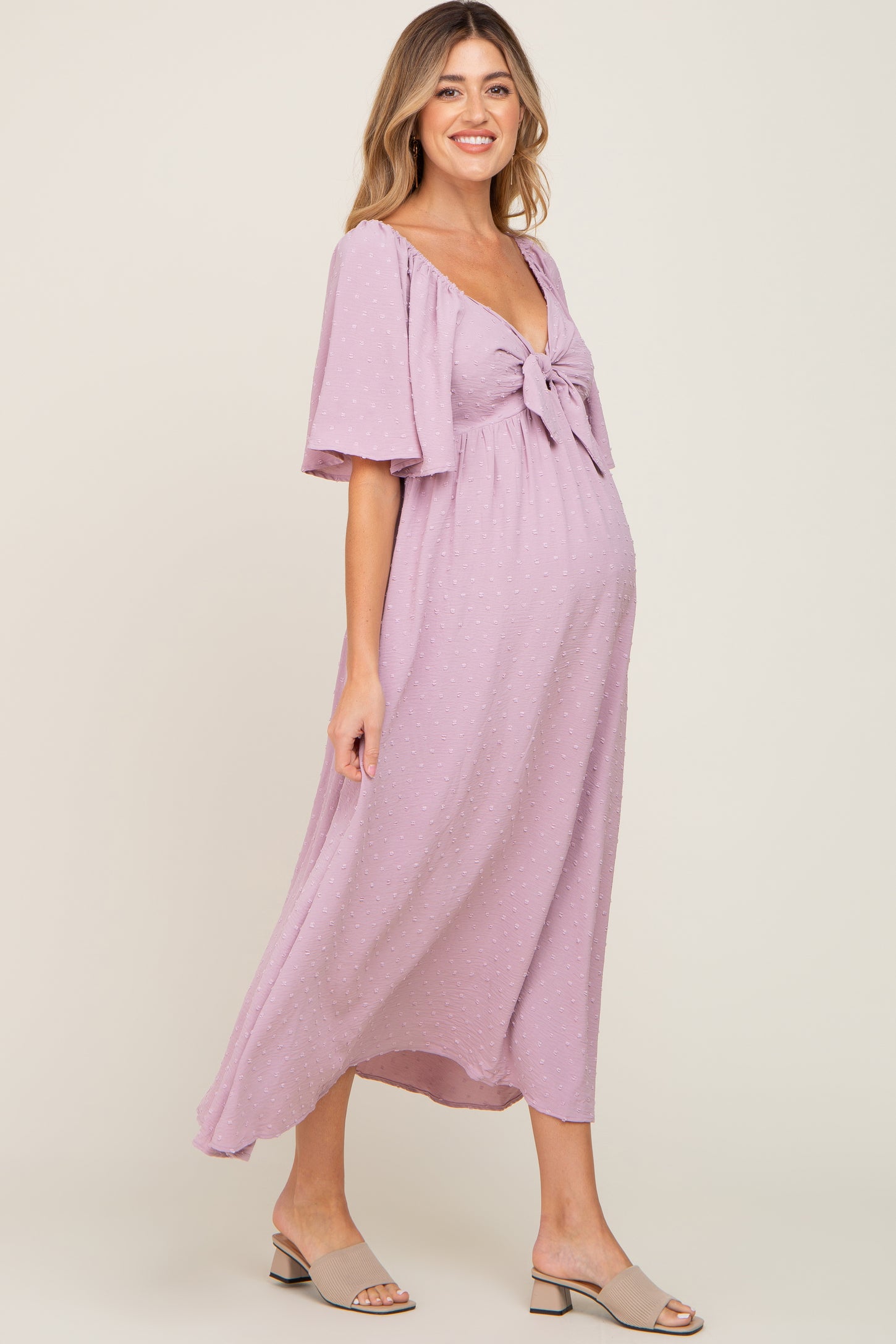 Pink Textured Dot Front Tie Ruffle Sleeve Maternity Midi Dress