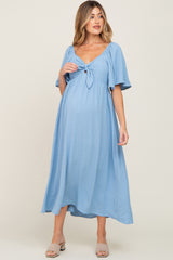 Blue Textured Dot Front Tie Ruffle Sleeve Maternity Midi Dress