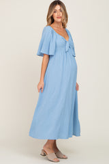 Blue Textured Dot Front Tie Ruffle Sleeve Maternity Midi Dress