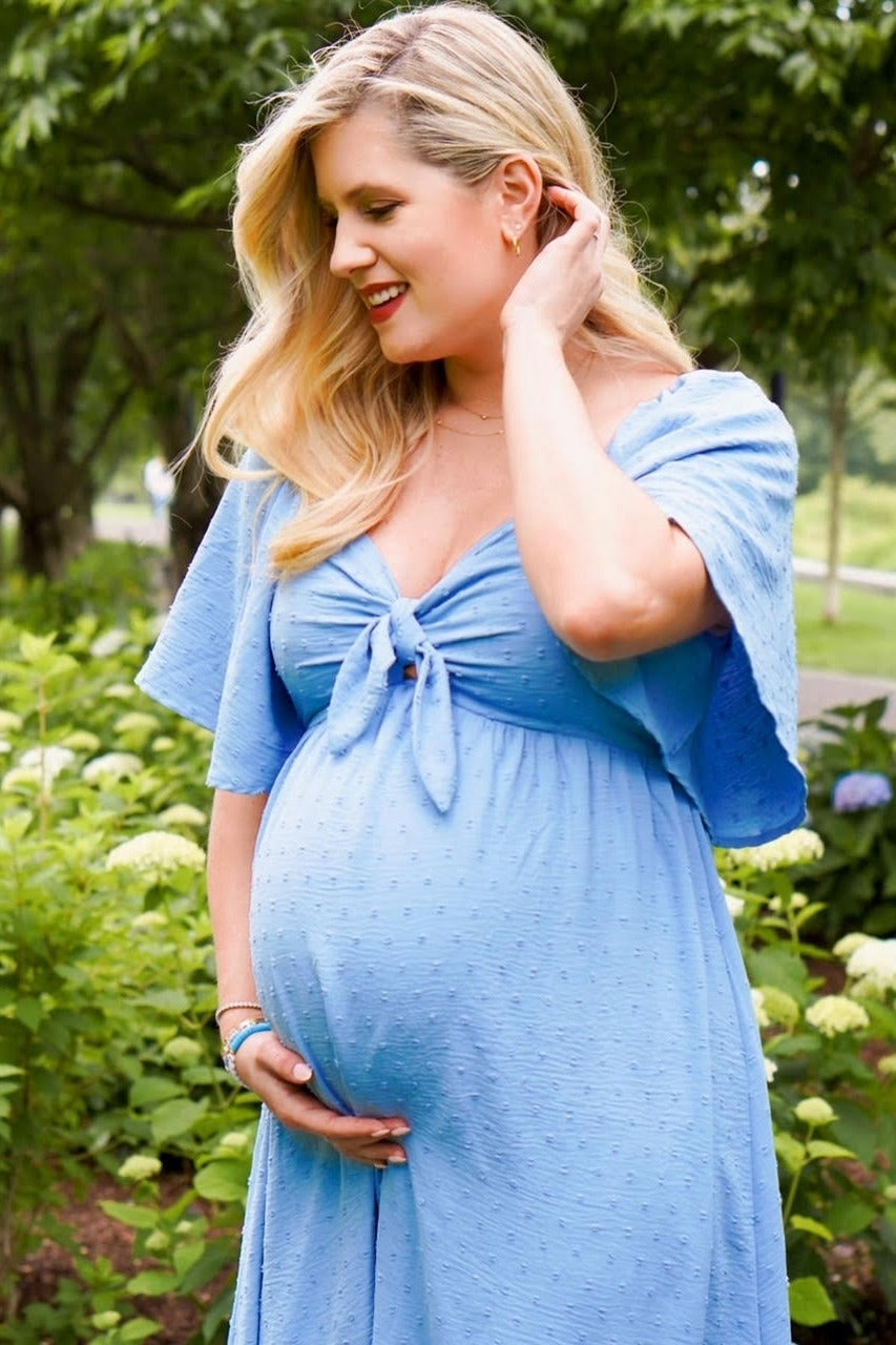 Blue Textured Dot Front Tie Ruffle Sleeve Maternity Midi Dress Blue Textured Dot Front Tie Ruffle Sleeve Maternity Midi Dress