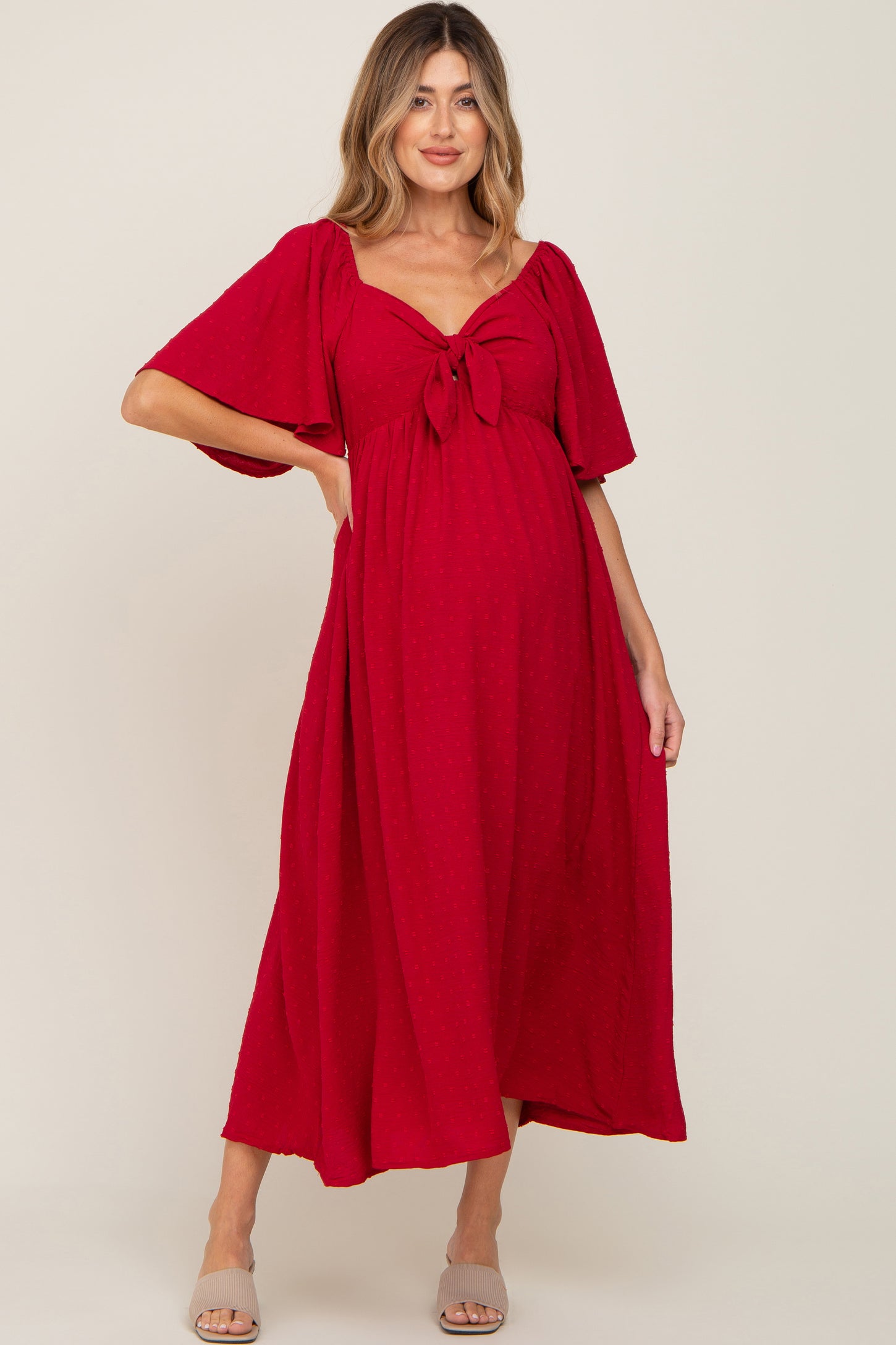 Burgundy Textured Dot Front Tie Ruffle Sleeve Maternity Midi Dress –  PinkBlush