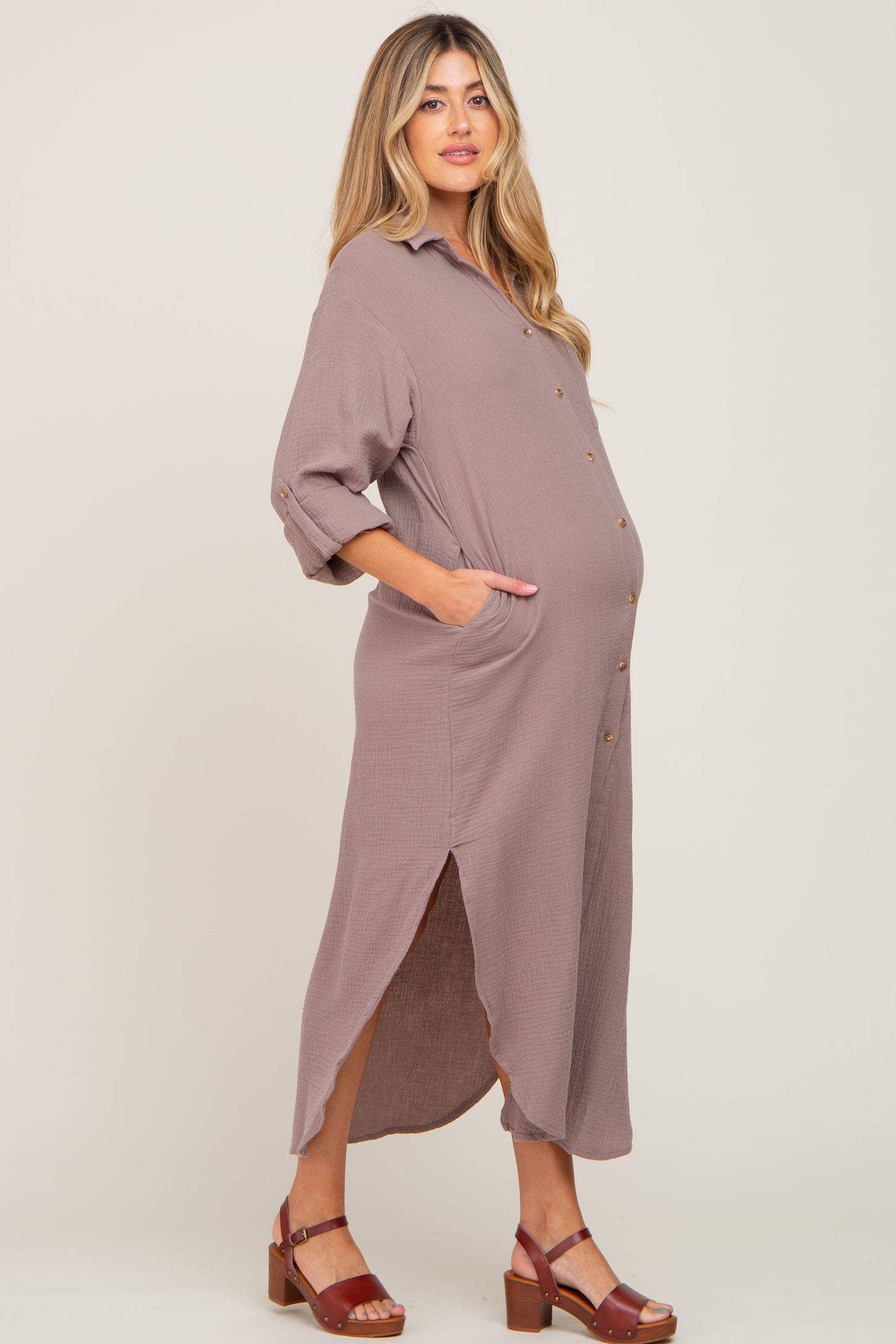 Taupe Button Down 3/4 Sleeve Maternity Midi Dress PinkBlush Taupe Button Down 3/4 Sleeve Maternity Midi Dress PinkBlush