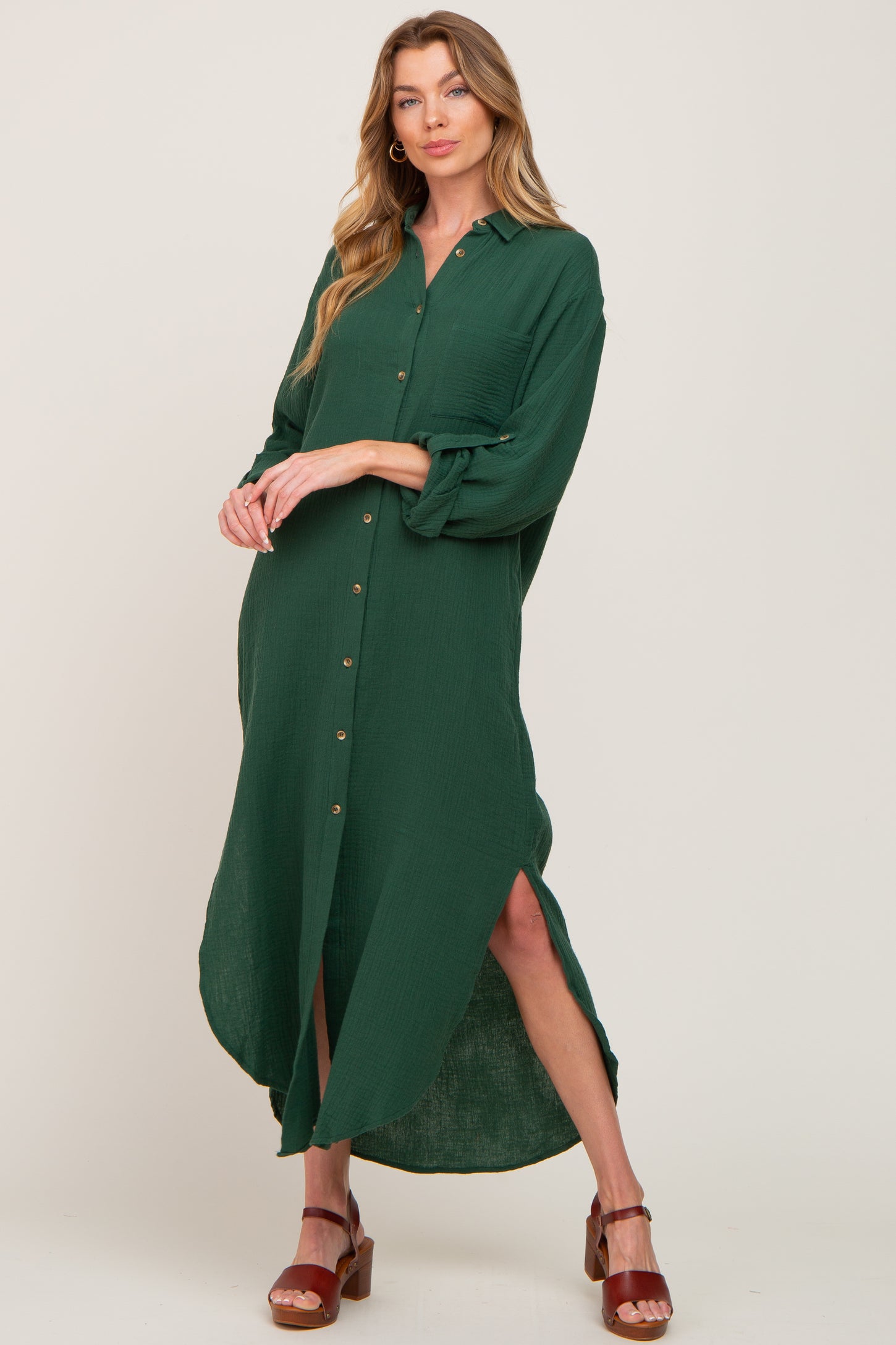 Forest Green Button Down 3/4 Sleeve Maternity Midi Dress PinkBlush Forest Green Button Down 3/4 Sleeve Maternity Midi Dress PinkBlush