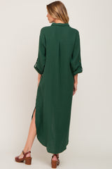 Forest Green Button Down 3/4 Sleeve Midi Dress