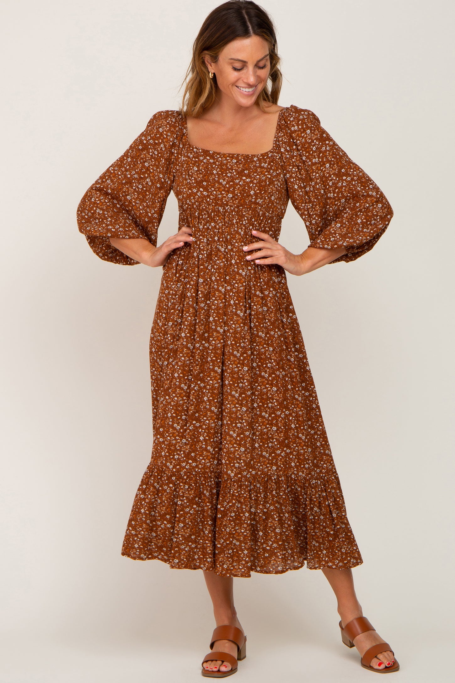 floral midi dress 3/4 sleeve Brown Floral Print 3/4 Sleeve Button Front Self Tie Waist Midi Dress