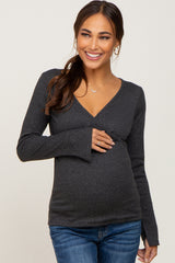 Charcoal Ribbed Long Sleeve Wrap Maternity Nursing Top