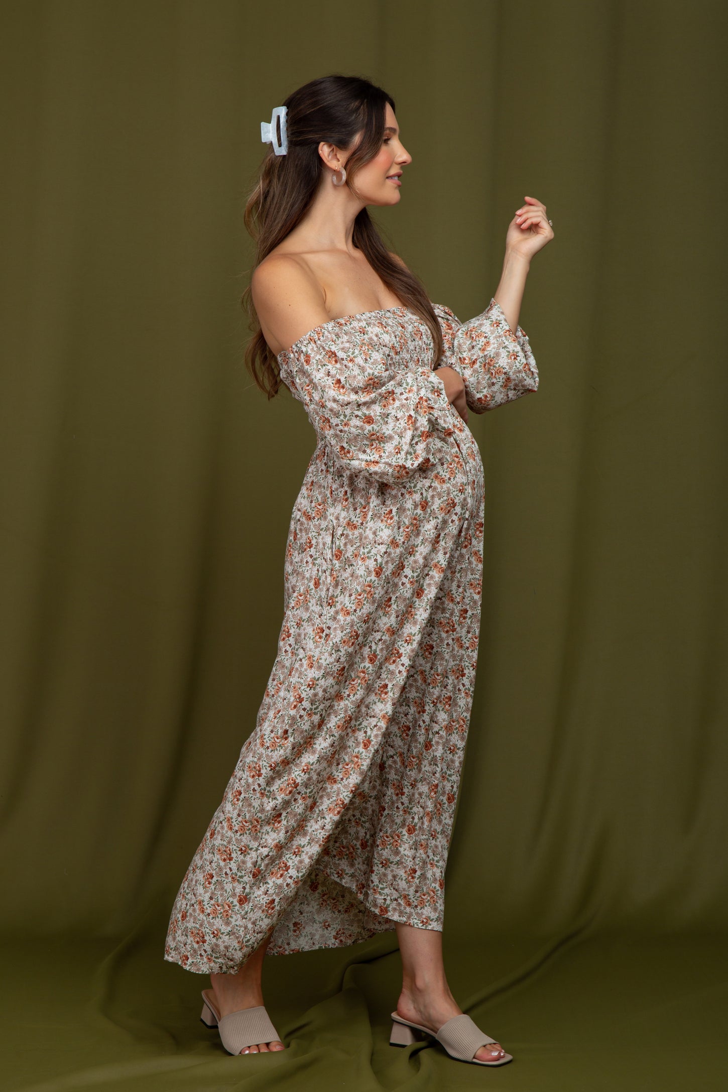 Taupe Floral Off Shoulder Long Sleeve Maternity Maxi Dress PinkBlush Taupe Floral Off Shoulder Long Sleeve Maternity Maxi Dress PinkBlush