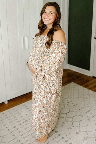 slim fit dress slacks Taupe Floral Off Shoulder Long Sleeve Maternity Maxi Dress Medium