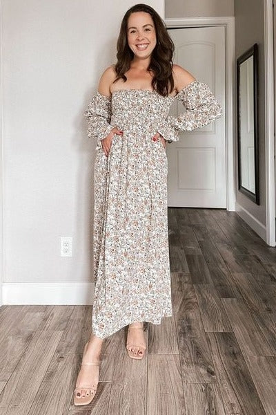 Taupe Floral Off Shoulder Long Sleeve Maxi Dress