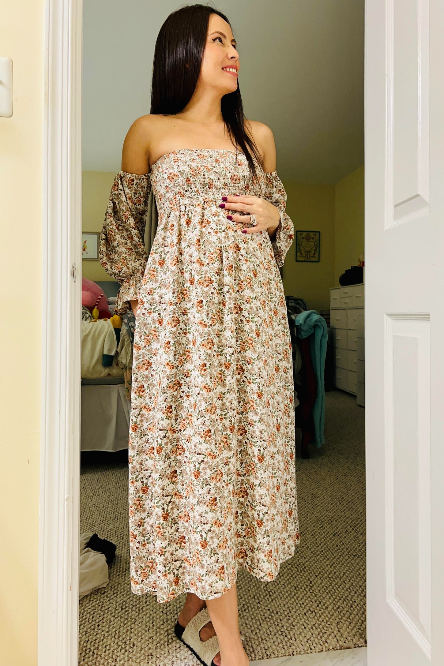 Taupe Floral Off Shoulder Long Sleeve Maternity Maxi Dress PinkBlush Taupe Floral Off Shoulder Long Sleeve Maternity Maxi Dress PinkBlush