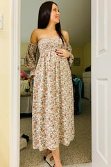 Taupe Floral Off Shoulder Long Sleeve Maternity Maxi Dress