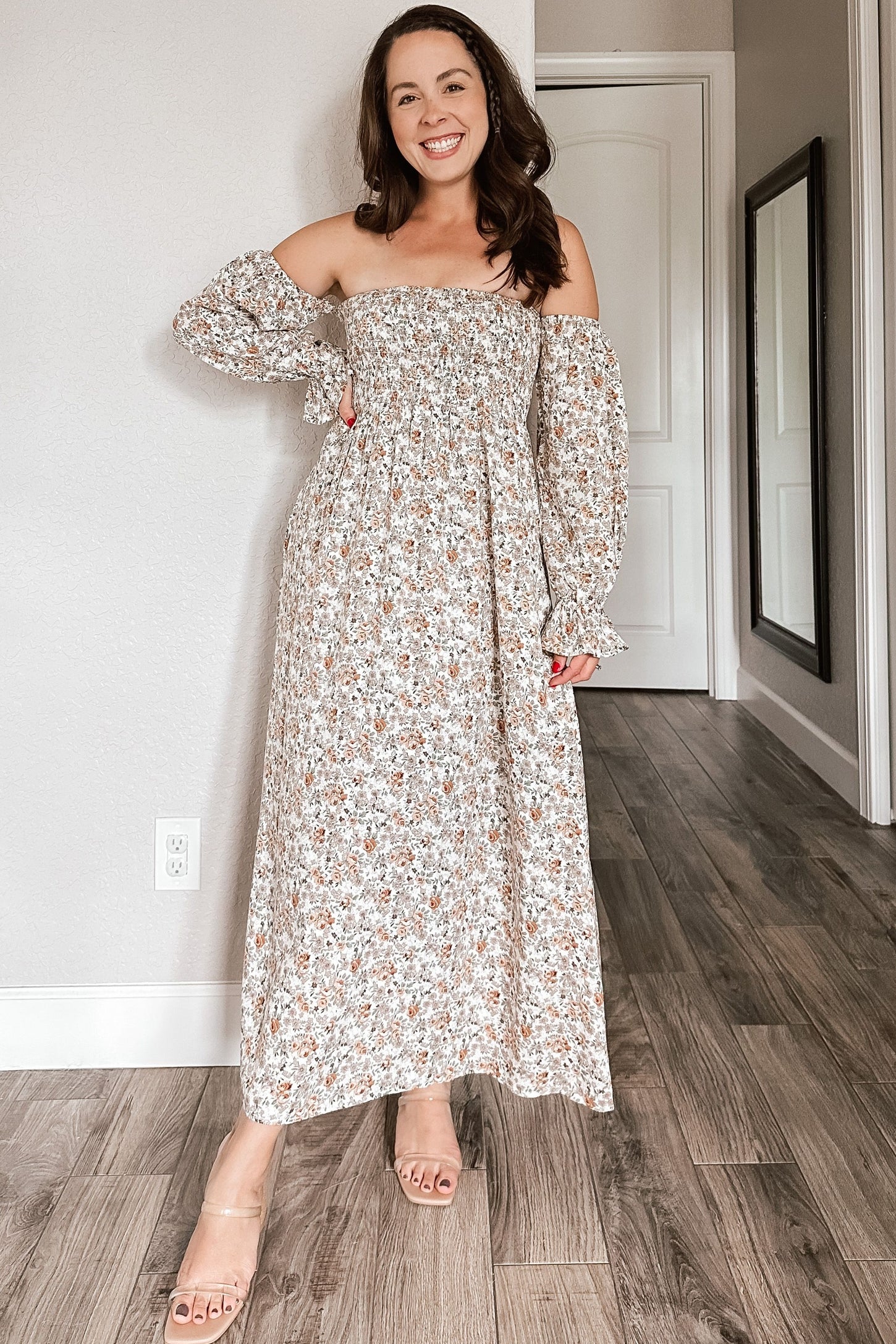 Taupe Floral Off Shoulder Long Sleeve Maxi Dress PinkBlush Taupe Floral Off Shoulder Long Sleeve Maxi Dress PinkBlush