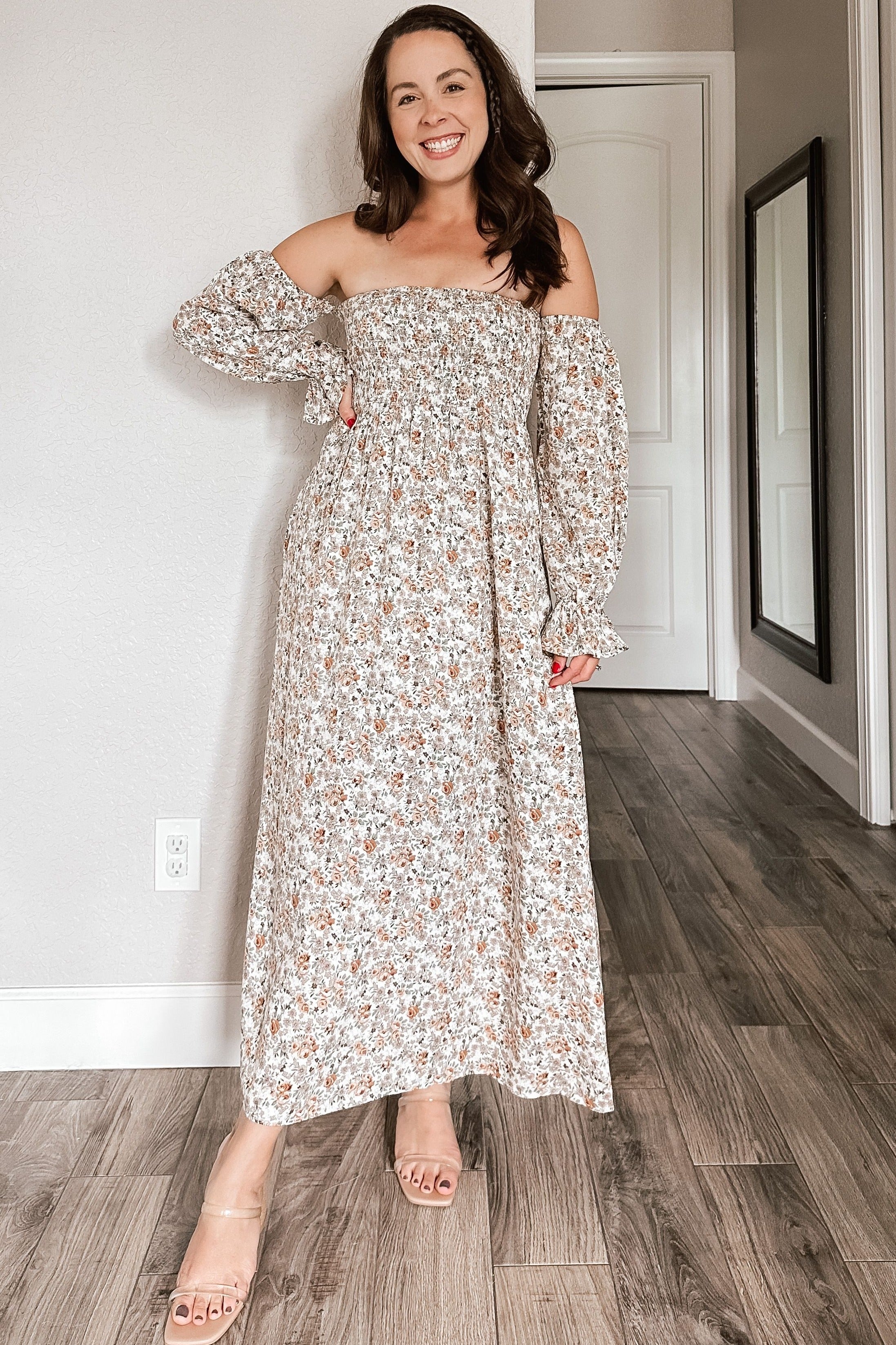 floral off the shoulder dress maxi Positano Off-Shoulder Dress-AKC-31819 s/m / Yellow the shoulder neckline with no slip strips and fluttering... Taupe Floral Off Shoulder Long