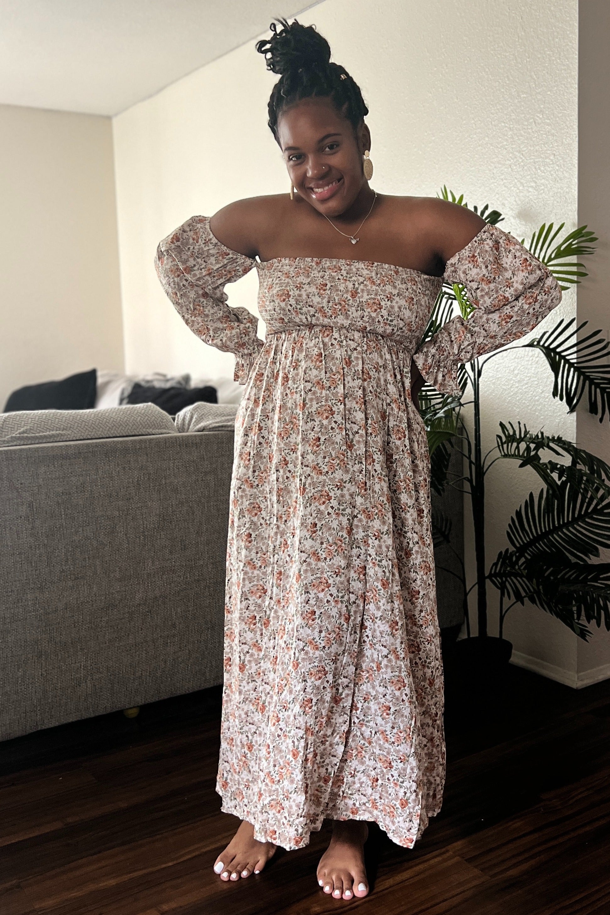 Taupe Floral Off Shoulder Long Sleeve Maternity Maxi Dress Medium