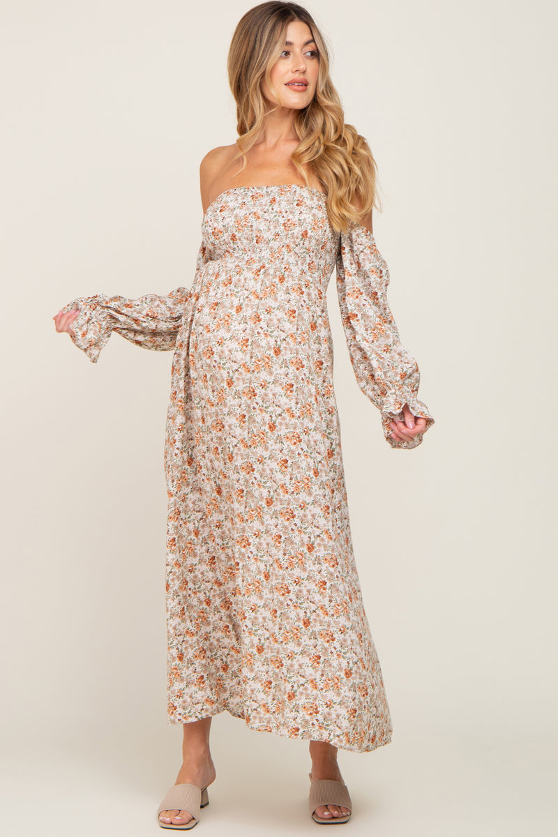 long sleeve floral maternity dress Taupe Floral Off Shoulder Long Sleeve Maternity Maxi Dress Medium