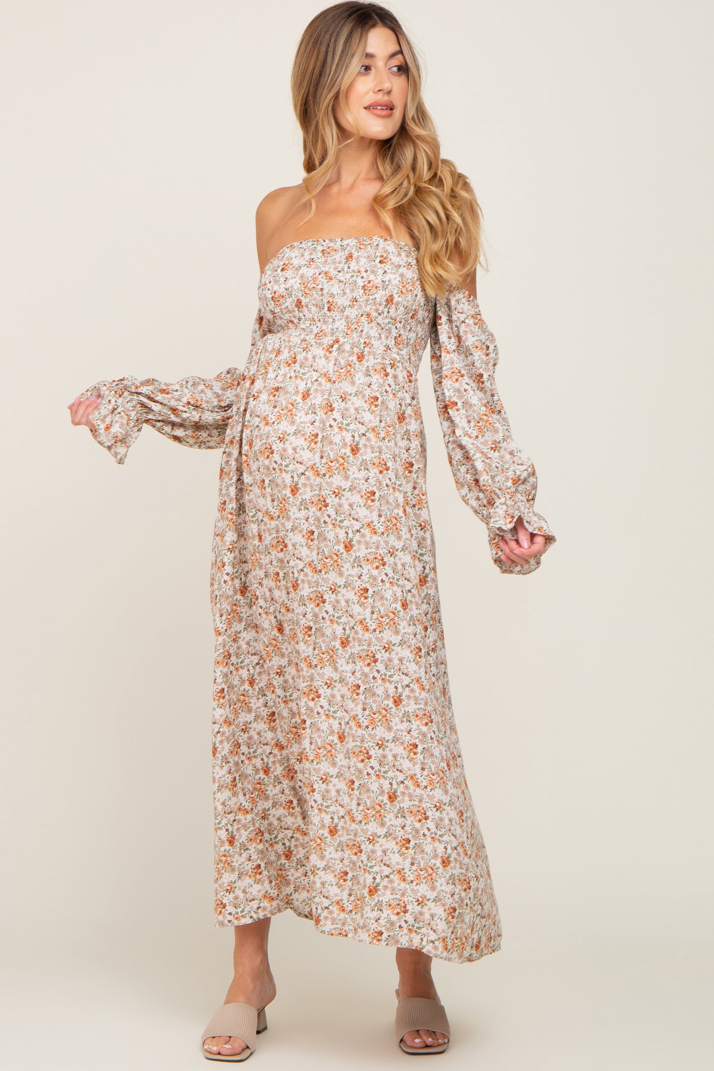 Taupe Floral Off Shoulder Long Sleeve Maternity Maxi Dress PinkBlush Taupe Floral Off Shoulder Long Sleeve Maternity Maxi Dress PinkBlush