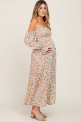 Taupe Floral Off Shoulder Long Sleeve Maternity Maxi Dress