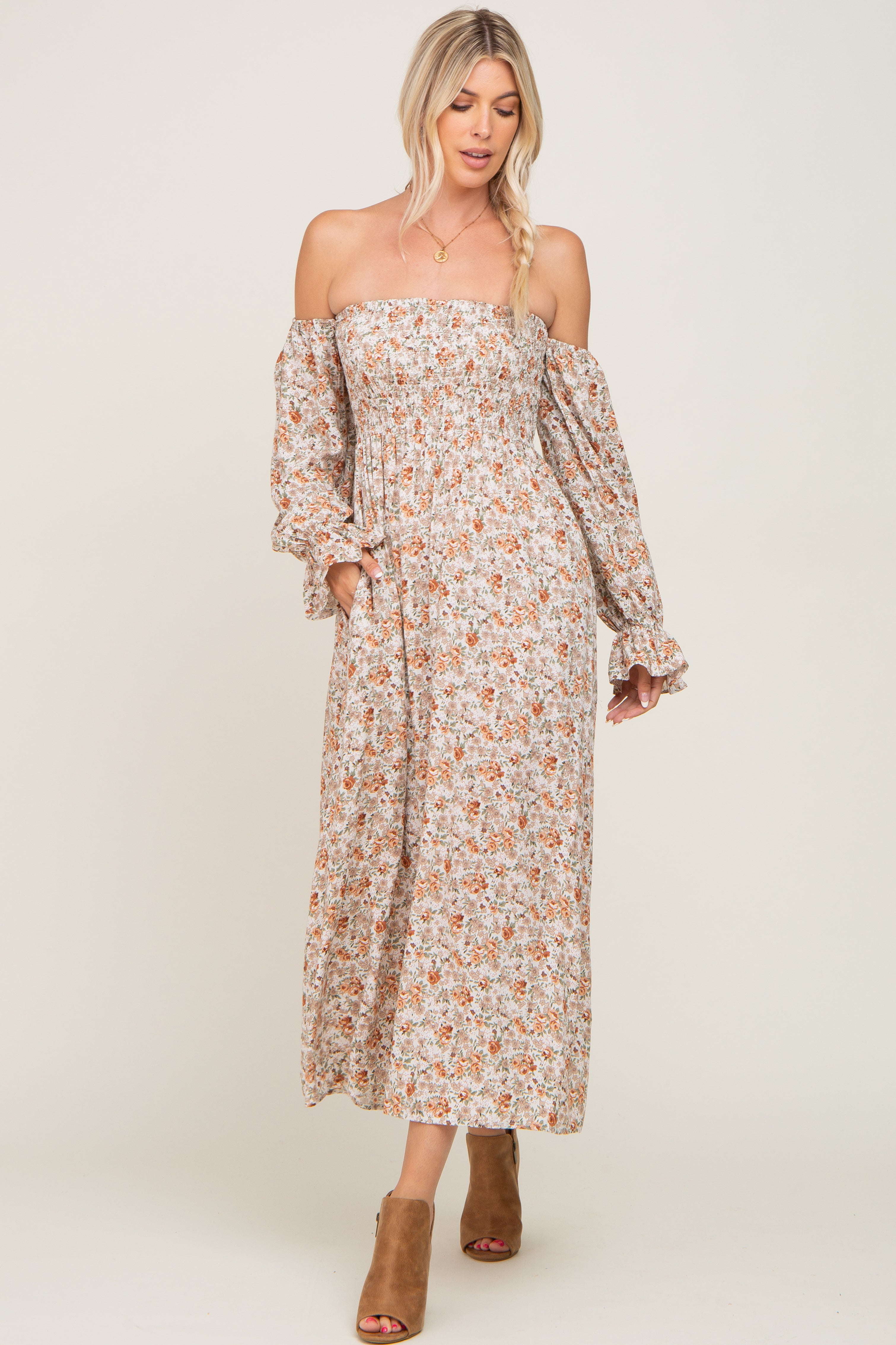 Taupe Floral Off Shoulder Long Sleeve Maternity Maxi Dress Medium Taupe Floral Off Shoulder Long Sleeve Maternity Maxi Dress Medium