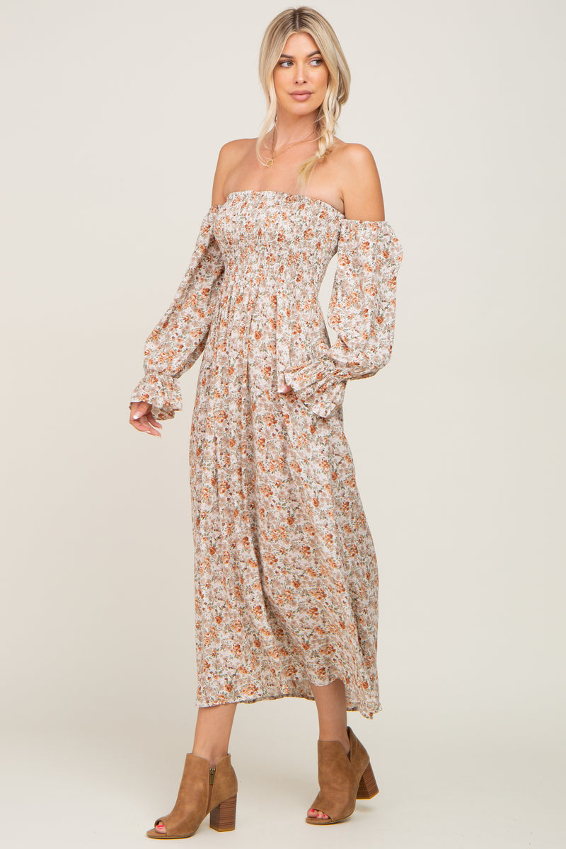 knee length dresses for ladies Taupe Floral Off Shoulder Long Sleeve Maternity Maxi Dress Medium