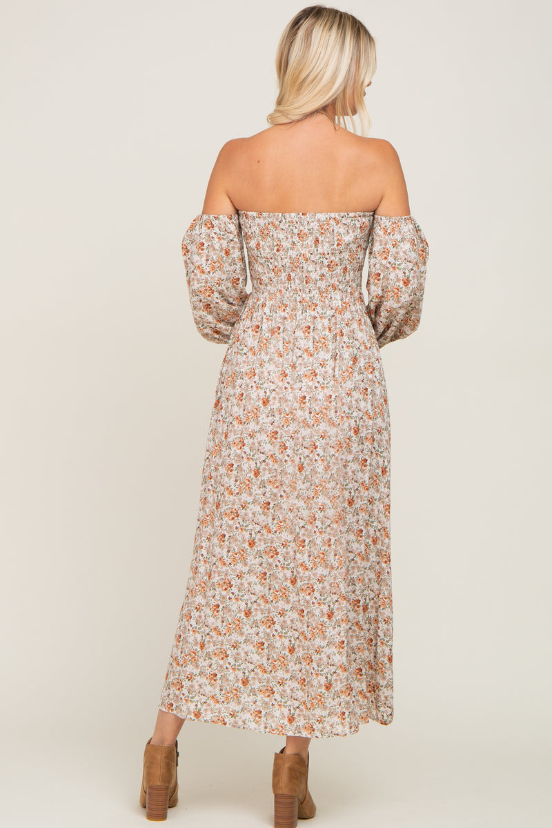 Taupe Floral Off Shoulder Long Sleeve Maxi Dress – PinkBlush