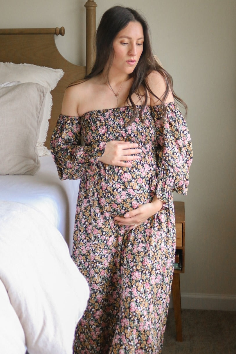 Black Floral Off Shoulder Long Sleeve Maternity Maxi Dress