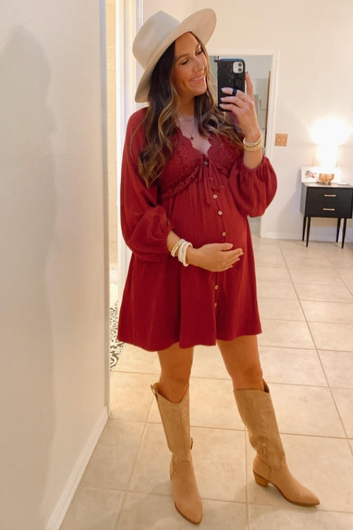 Burgundy Crochet Lace Button Front Maternity Dress