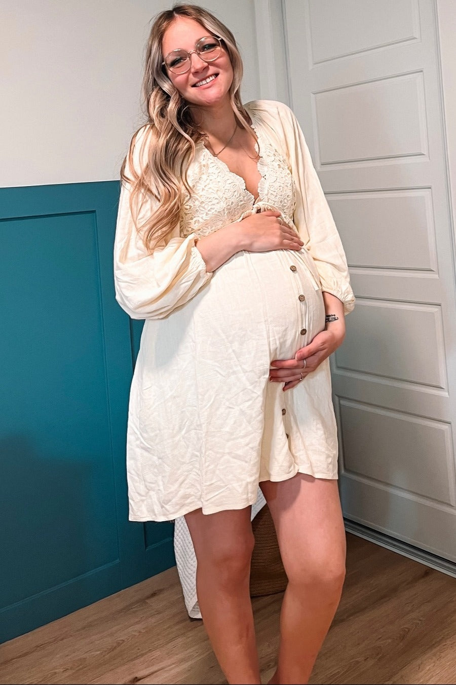 blush crochet lace mini dress PinkBlush Beige Crochet Lace Button Front Maternity Dress Small