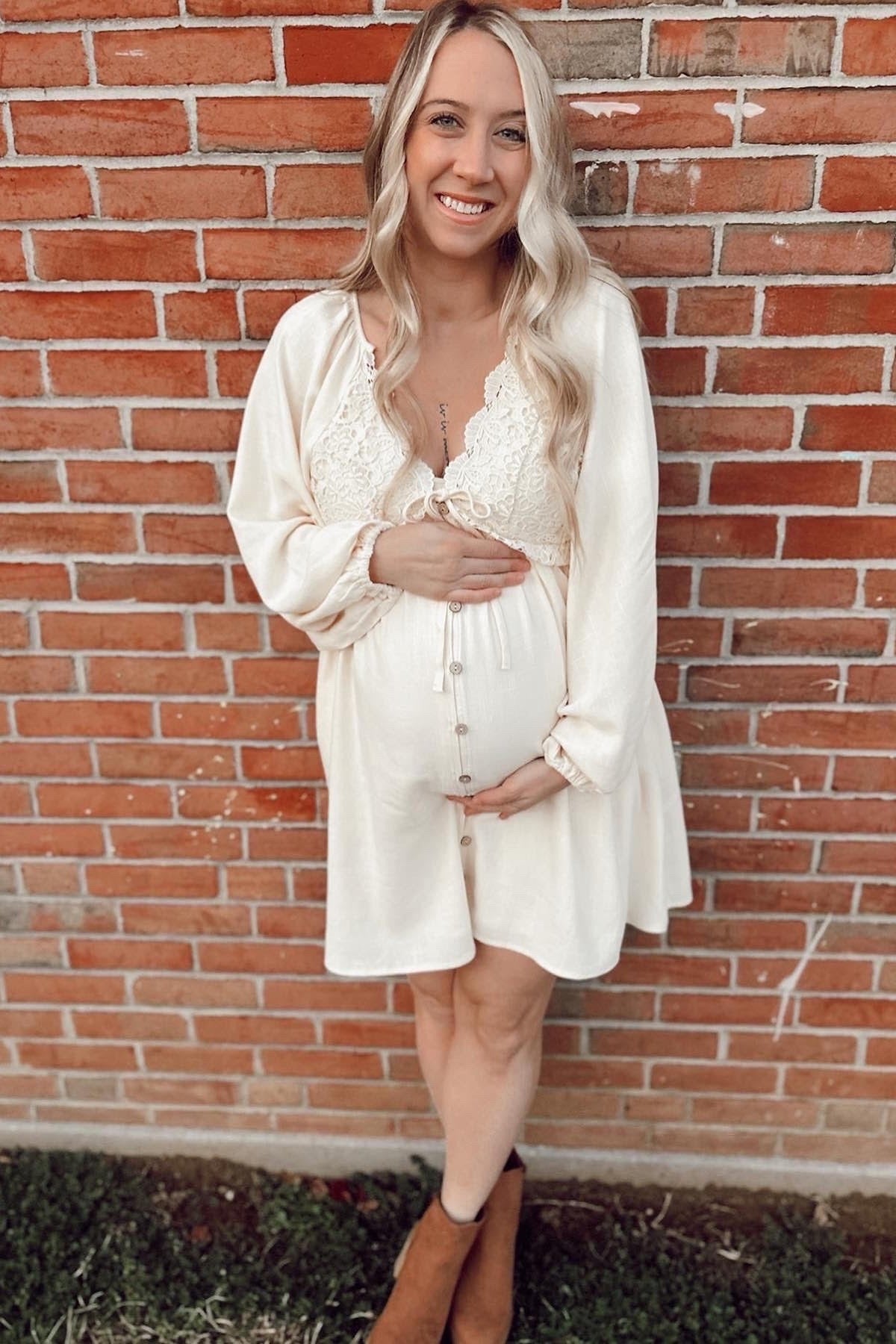 beige lace maternity dress Isabella Floral Lace Trim Maxi Dress in Beige Multi