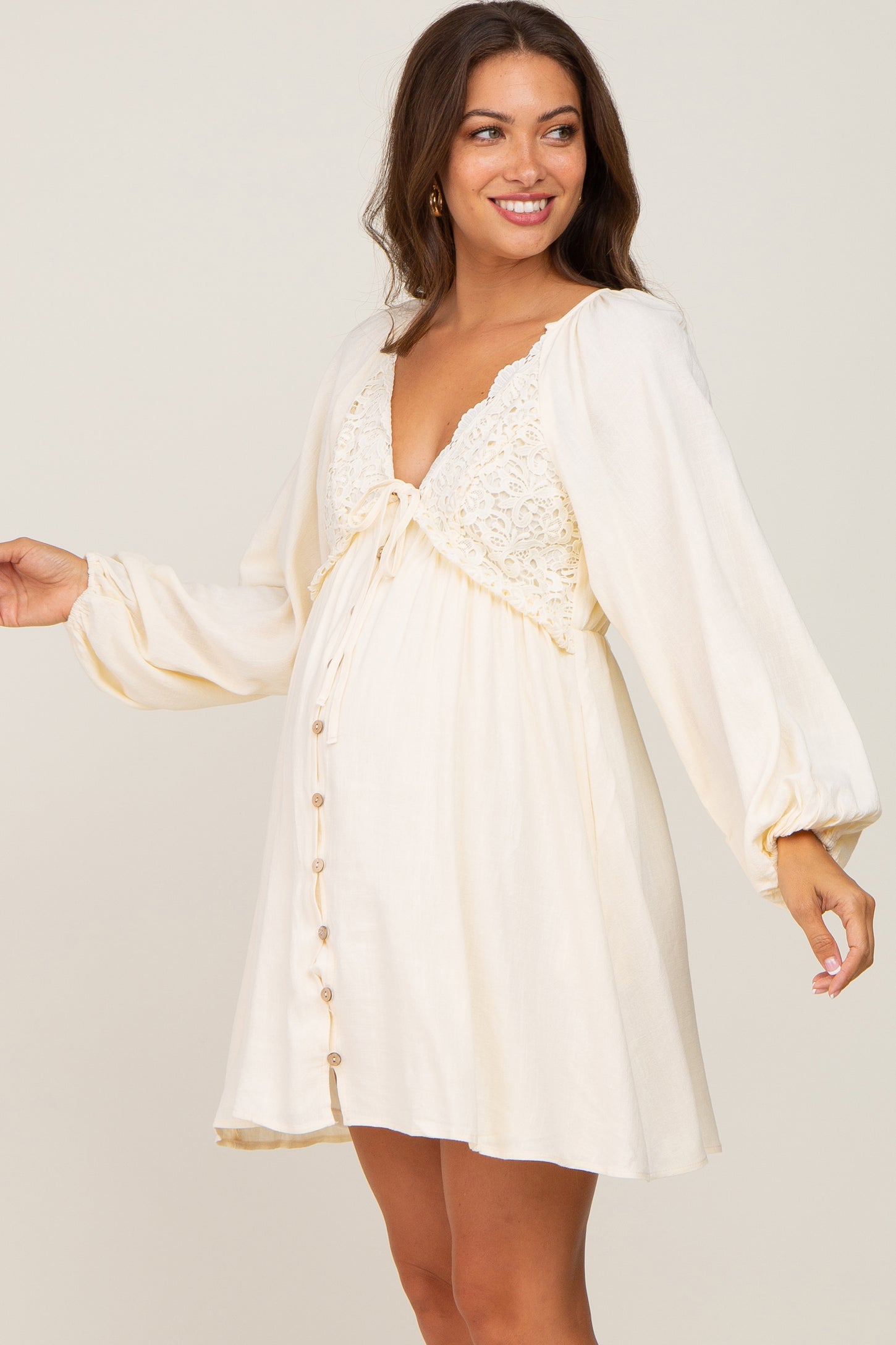 PinkBlush Beige Crochet Lace Button Front Maternity Dress Small PinkBlush Beige Crochet Lace Button Front Maternity Dress Small