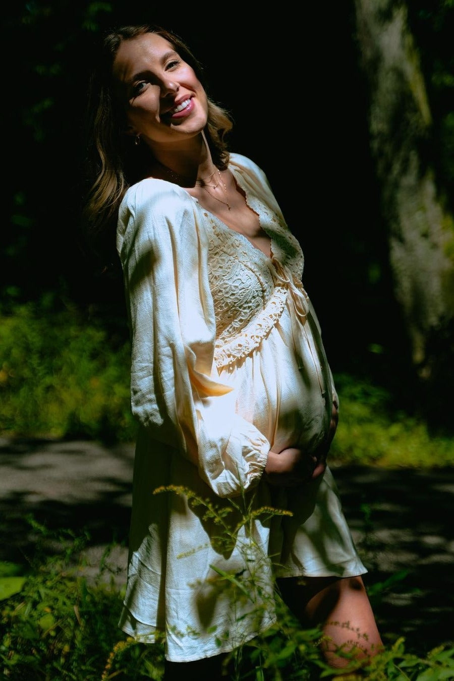 Beige Crochet Lace Button Front Maternity Dress