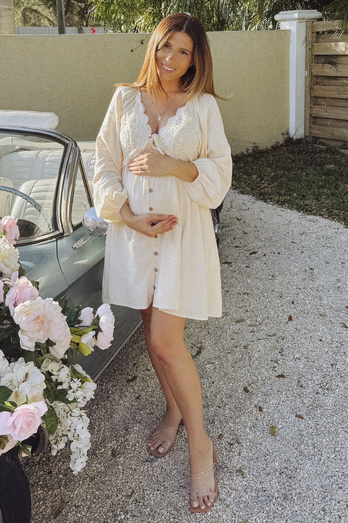 PinkBlush Beige Crochet Lace Button Front Maternity Dress Small PinkBlush Beige Crochet Lace Button Front Maternity Dress Small