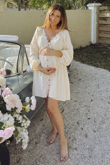 Beige Crochet Lace Button Front Maternity Dress