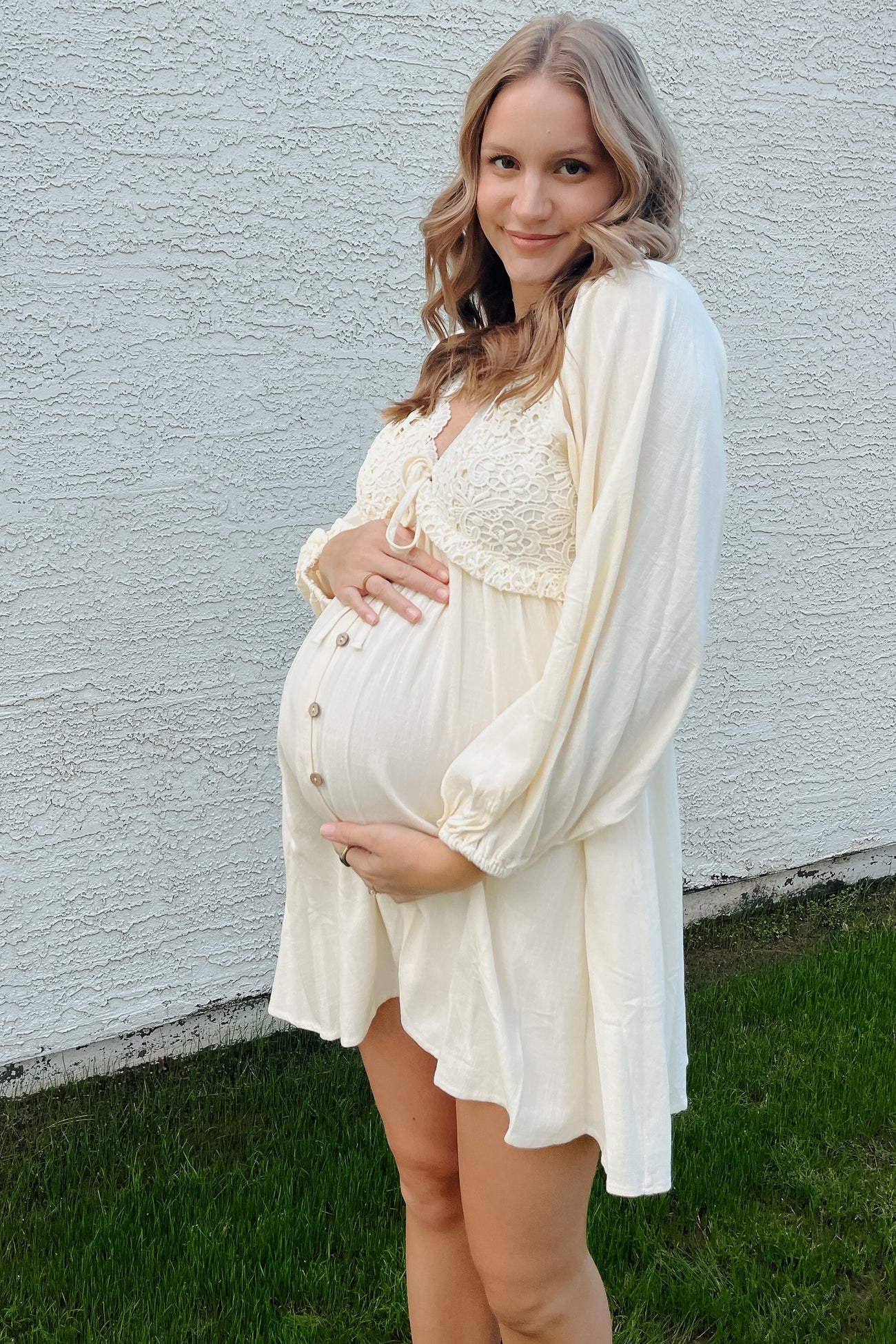 PinkBlush Beige Crochet Lace Button Front Maternity Dress Small