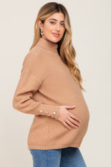 Camel Button Accent Turtleneck Maternity Sweater