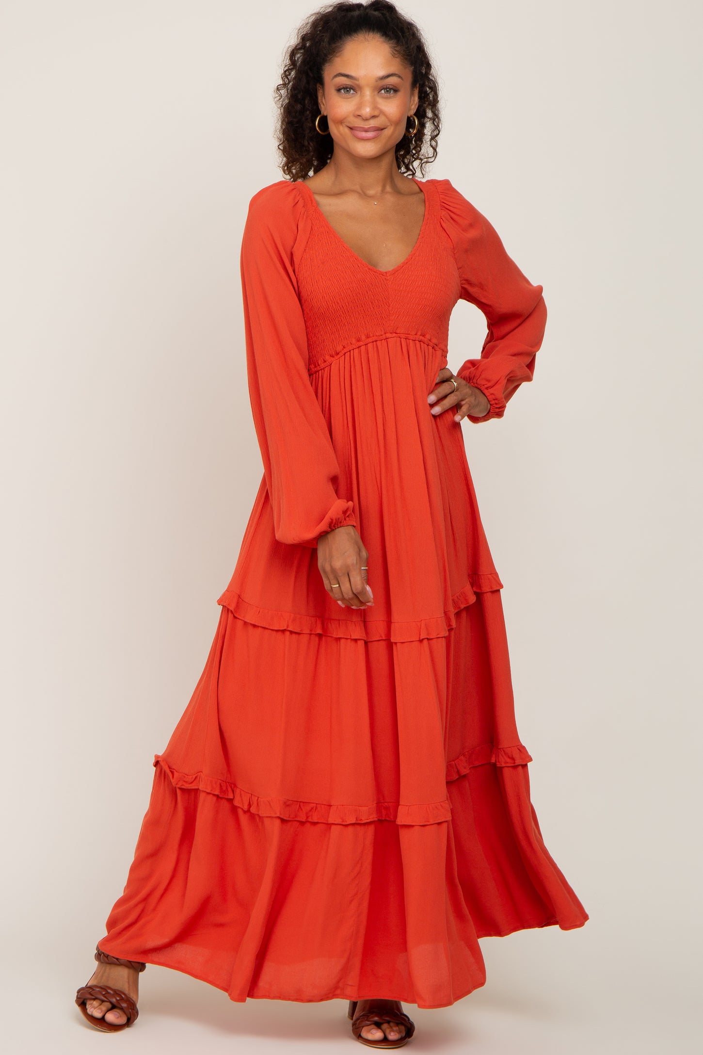 Rust Smocked Tiered Midi Dress