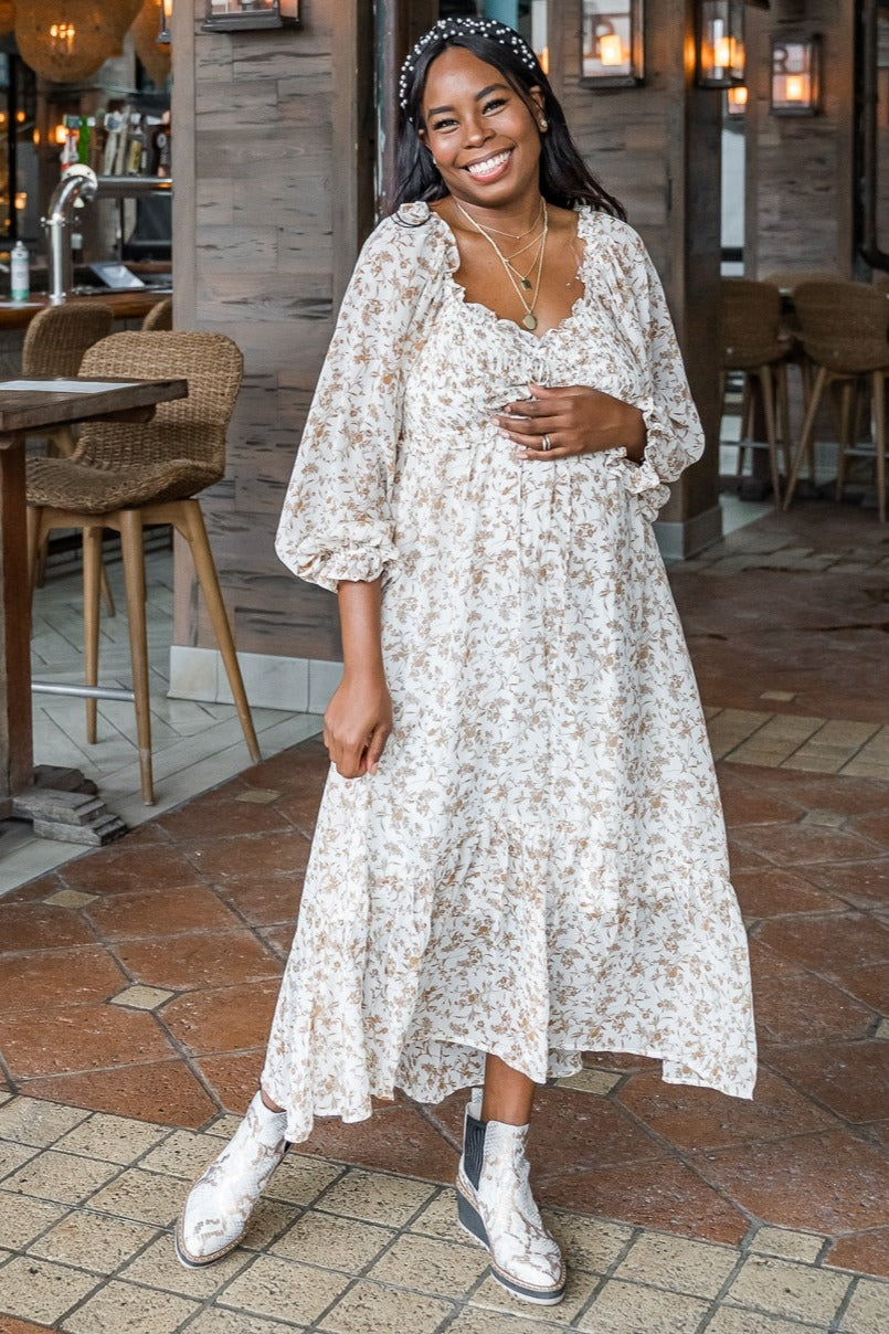 Ivory Floral Chiffon Ruffle Maternity Maxi Dress – PinkBlush