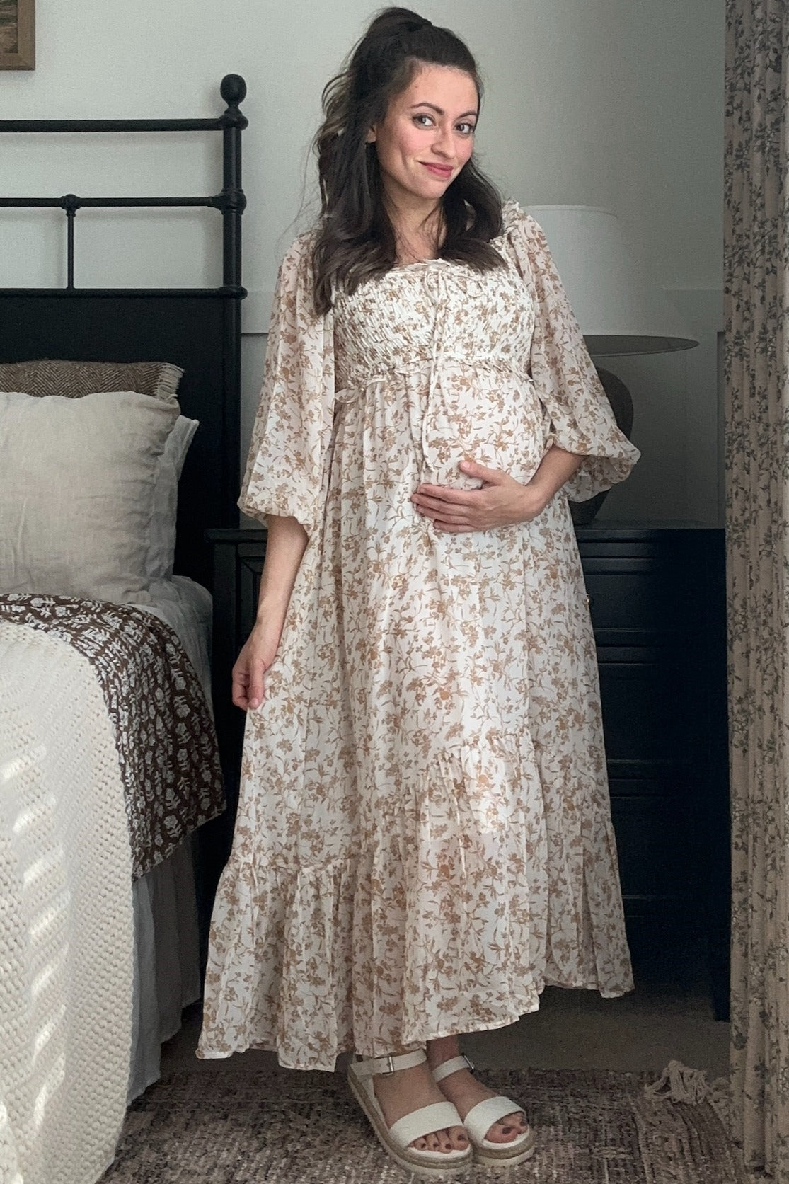PinkBlush Ivory Floral Chiffon Ruffle Maternity Maxi Dress Large