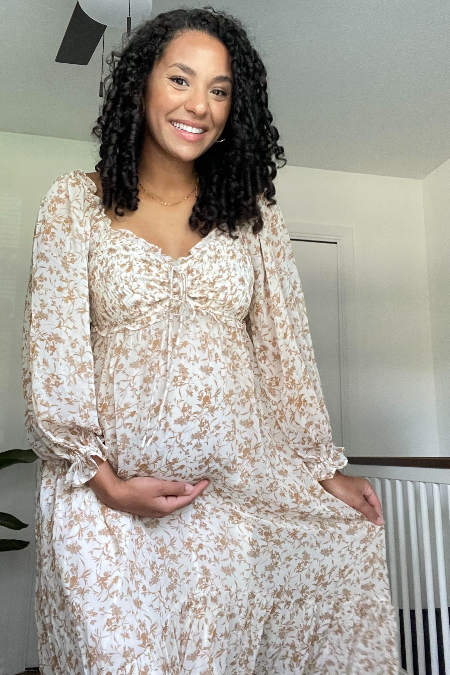 Ivory Floral Chiffon Ruffle Maternity Maxi Dress Large