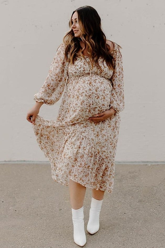 Ivory Floral Chiffon Ruffle Maternity Maxi Dress Large