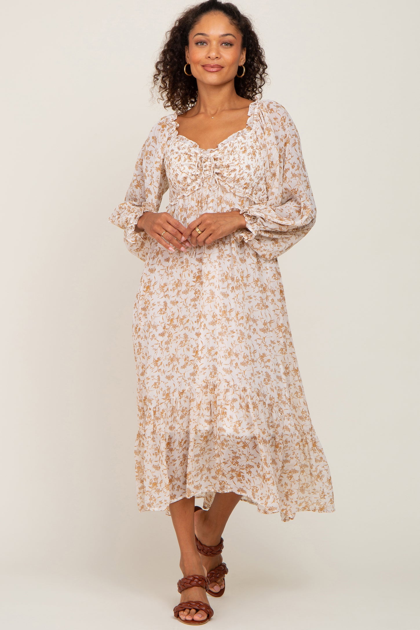 ivory floral smocked maternity maxi dress Ivory Floral Chiffon Ruffle Maternity Maxi Dress – PinkBlush