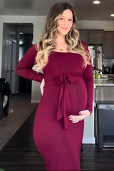 Burgundy Basic Square Neck Maternity Midi Dress
