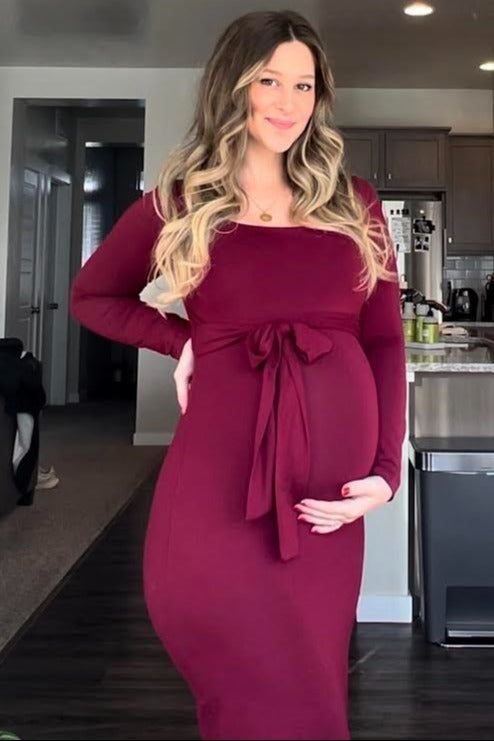 Burgundy Basic Square Neck Maternity Midi Dress
