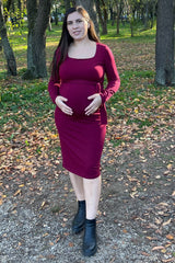 Burgundy Basic Square Neck Maternity Midi Dress