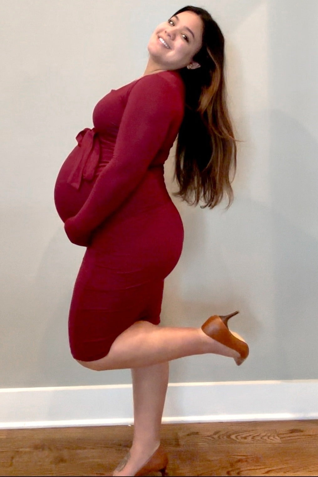 Burgundy Basic Square Neck Maternity Midi Dress