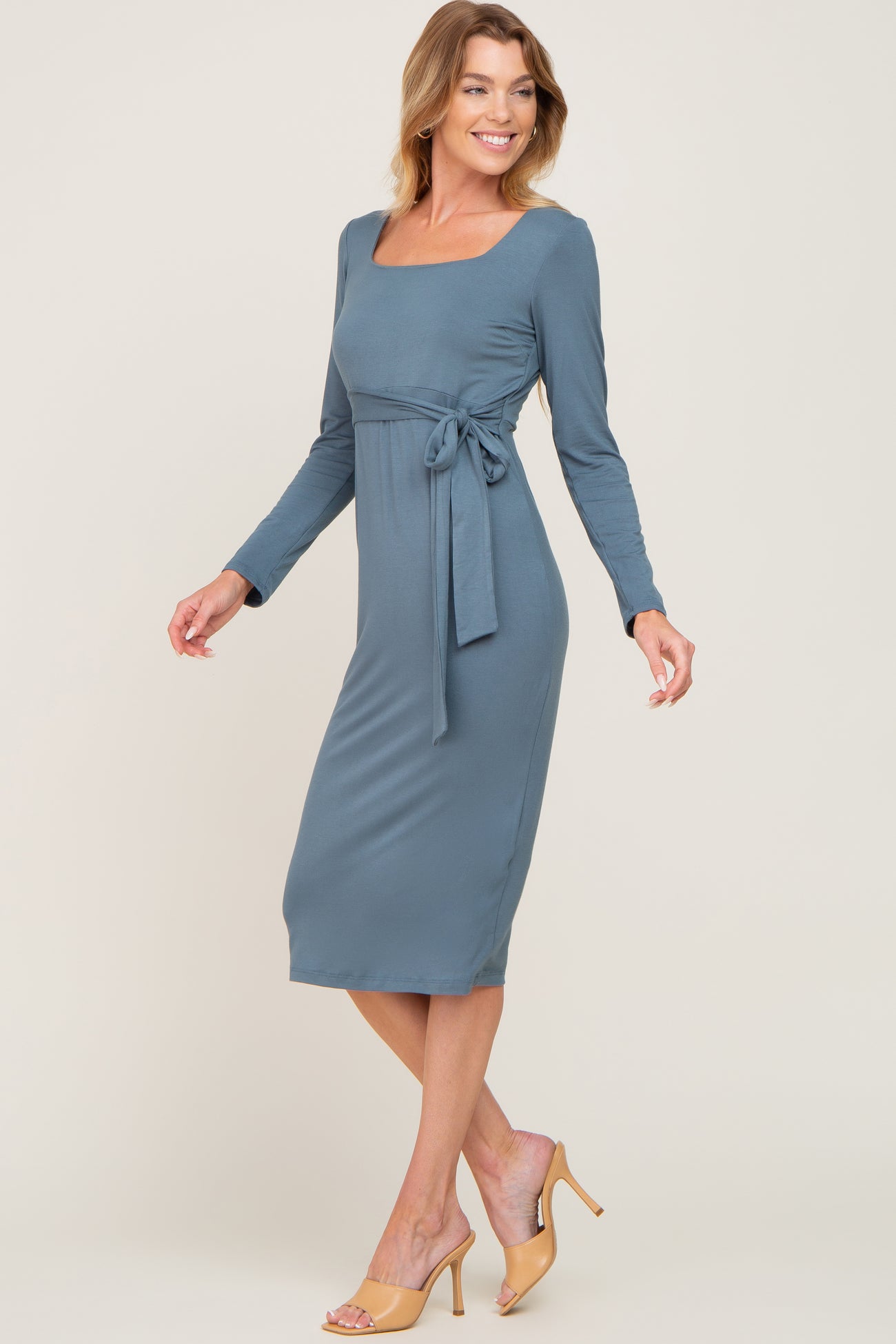 Blue Basic Square Neck Maternity Midi Dress