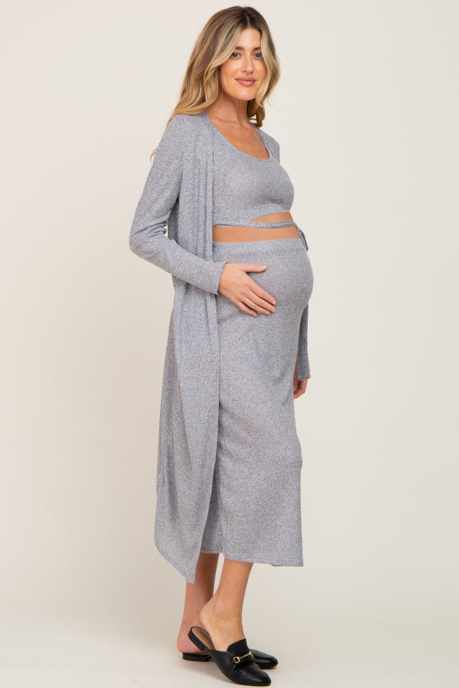 Navy Heather 3-Piece Skirt and Cardigan Maternity Set