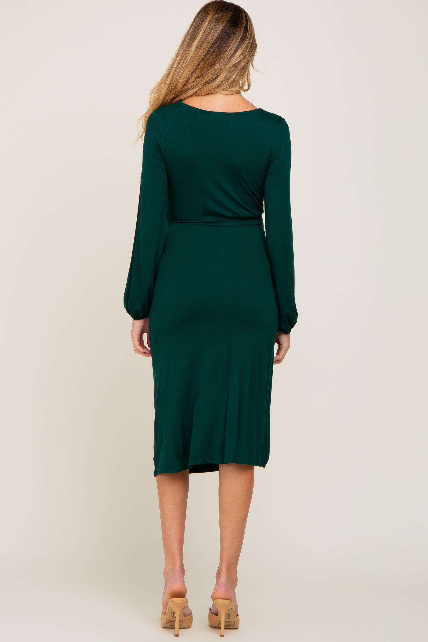 hunter green dress long sleeve Hunter Green Long Sleeve Ruched Midi Dress PinkBlush