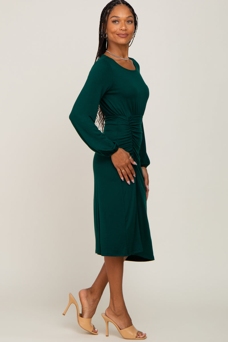 knee length dresses for ladies Hunter Green Long Sleeve Ruched Midi Dress – PinkBlush