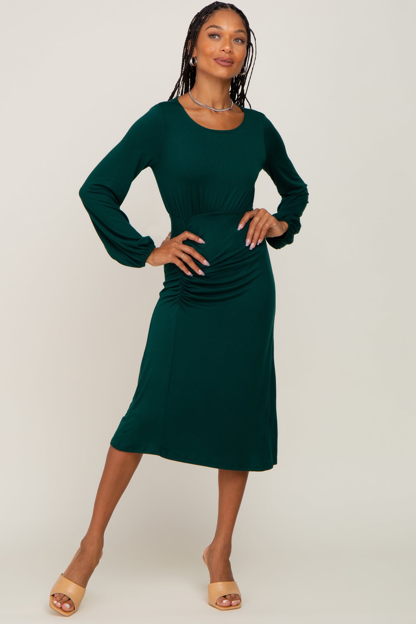 Hunter Green Long Sleeve Ruched Midi Dress PinkBlush Hunter Green Long Sleeve Ruched Midi Dress PinkBlush